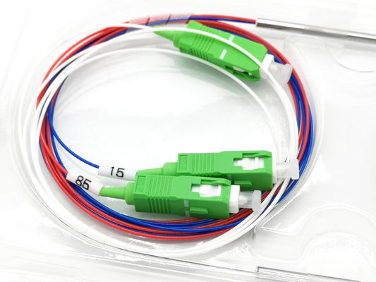 comprar SC APC Fibra Óptica 1*2 FBT acoplador 15%:85% Azul Vermelho Cor para WDM T1550 R1310/1490 FWDM Fabricação em linha