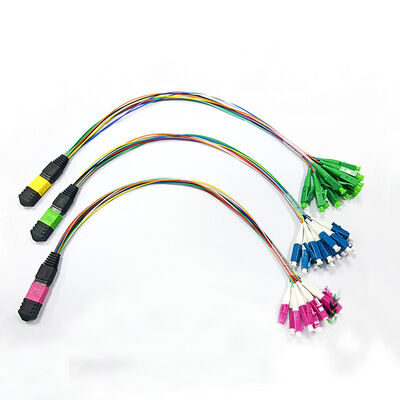 Cabo de remendo de fibra óptica multimodo MPO-LC de 12 núcleos 0,9 mm para cassetes MPO e gabinetes modulares